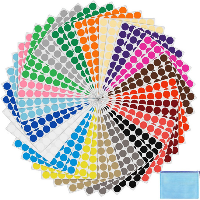 19mm 원형스티커 40매 (2800 개) 20종 색상 원형 도트 스티커 서류봉투 1개 포함, 40 매