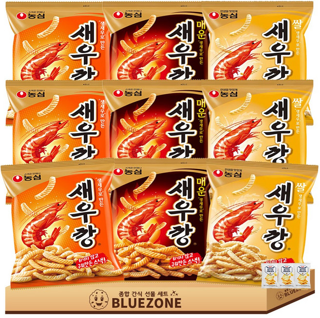 [블루존] 새우깡 과자 3종 세트 농심 새우깡3 매운새우깡3 쌀새우깡3 버크3, 80g, 9개