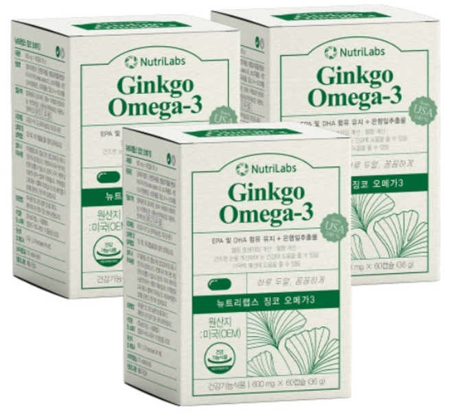 뉴트리랩스 징코 오메가3 골드 혈액순환 기억력개선 건조한눈개선 은행잎추출물, 3개, 60정