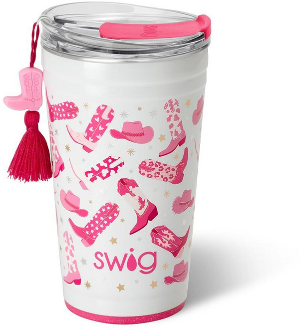 Swig Life 710ml(24온스) 파티 컵 EZ 슬라이더 뚜껑이 있는 쌓을 수 있는 단열 여행용 커피 텀블러 컵 홀더 친화적 스테인리스 스틸 709.8ml(24온스), LETS GO GIRLS