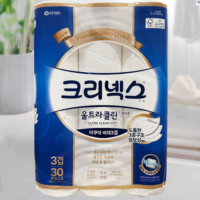 크리넥스 3겹 울트라 클린 롤화장지 천연펄프, 30m, 30개입, 1개