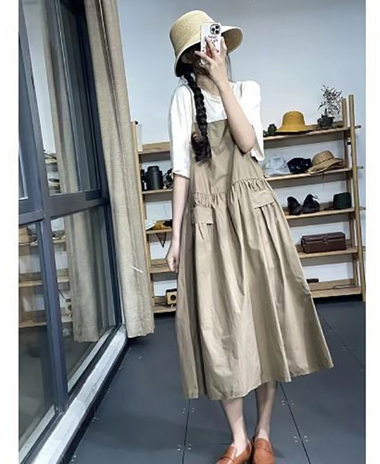 여름 캐주얼 솔리드 셔링 멜빵 원피스 루즈핏 빅사이즈 민소매 나시원피스 a라인 미디 롱 스커트