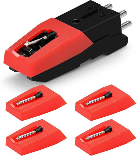 4개의 레코드 플레이어 바늘 교체용 카트리지 1개 - 크로슬리 이온 빅트롤라 LP 바이닐 플레이어용 다이아몬드 스타일러스 - 간편한 턴테이블 부품 키트 설치