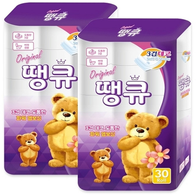 오리지널 땡큐 14M 30롤 2팩 두루마리 휴지, 1개
