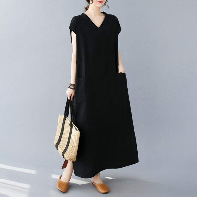 ANYOU 여성 빅사이즈 브이넥 린넨 원피스 캐주얼 루즈핏 주머니 롱 원피스