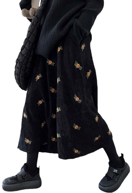 빈티지 꽃자수 코듀로이 밴딩 롱 스커트 A라인 여성