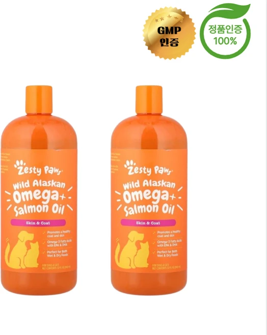 1+1 제스티 포우즈 야생 알래스카 오메가 + 연어 오일 강아지 및 고양이용 946ml, 2개 - 쿠팡