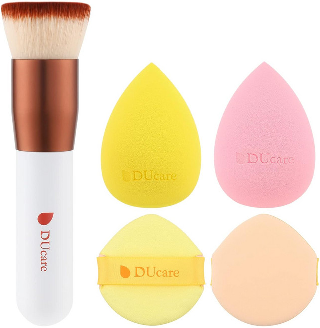 DUcare 평타입 파운데이션 브러시 + 퍼프 2개 + 뷰티블렌더 2개 세트 부드러운 촉감과 자극 없는 메이크업 도구, 1개, MZD06-5
