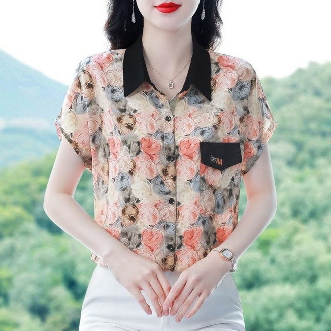 Makone 여성 여름 쉬폰 반팔 블라우스 중년 엄마옷 패션 프린트 상의