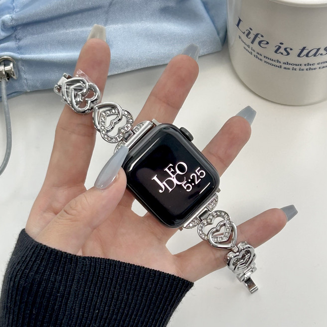 제이데코 애플워치 호환 큐빅 하트 메탈 스트랩, 실버, 1개