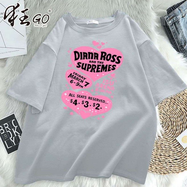 DIANA ROSS 純棉短袖T恤 印花上衣 簡約百搭, 淺灰色