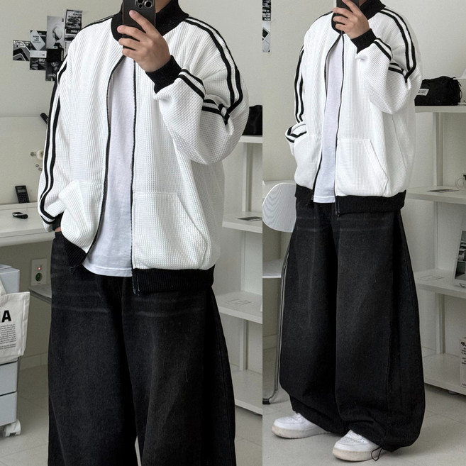 르위 트랙 라인 니트점퍼 오버핏 빅사이즈 바시티자켓 집업