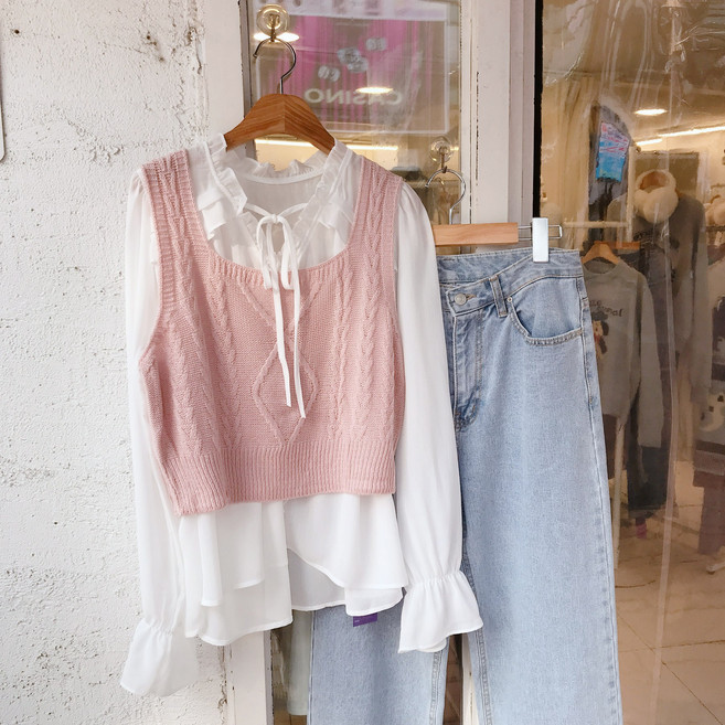 봄 스퀘어넥 꽈배기 크롭 뷔스티에 조끼