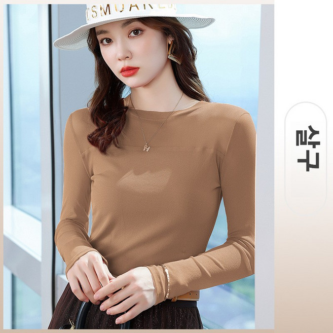여성용 라운드넥 칼라 상의 슬림 티셔츠 스키니 메쉬 탄력적 사계절용