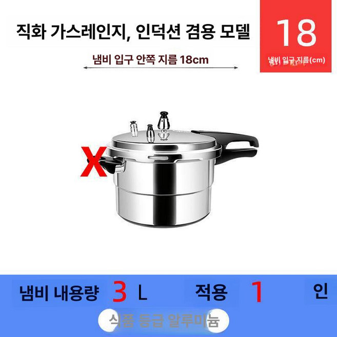 캠핑 압력밥솥 가정용 쿠커 겸용 미니 누룽지 솥밥용, 1개, 18cm 가스+인덕션 1-2인 (3L), 1L