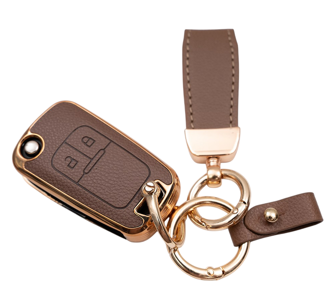 쉐보레 스파크 크루즈 말리부 임팔라 호환 차 키 케이스 스마트 키커버 리모컨 키홀더 가죽 스트랩 세트, (브라운), TL01_KH17(2버튼)