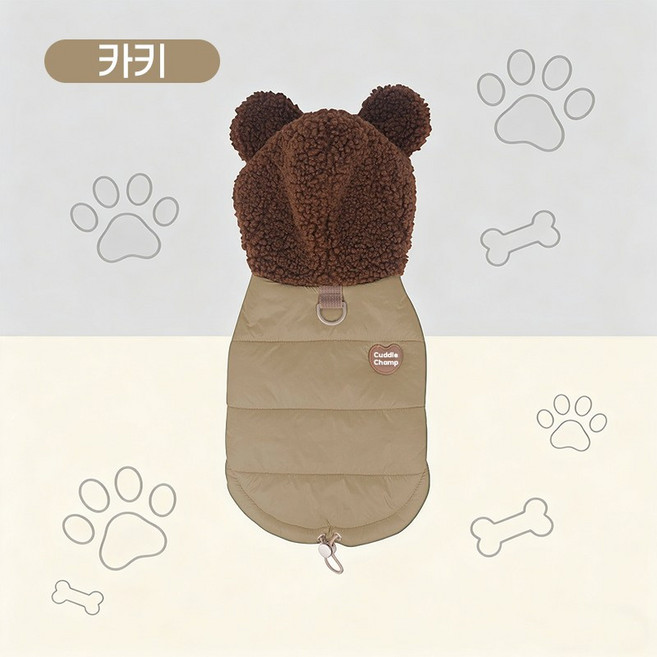 강아지옷 강아지패딩 곰돌이 후드 패딩 조끼 강아지조끼 강아지겨울옷 애견의류, 1개, 카키Khaki