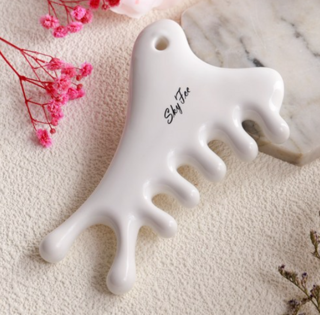 4in1 세라믹 괄사 마사지기 얼굴 두피 지압 혈자리 림프순환용 바디 승모근 도자기, 화이트, 1개