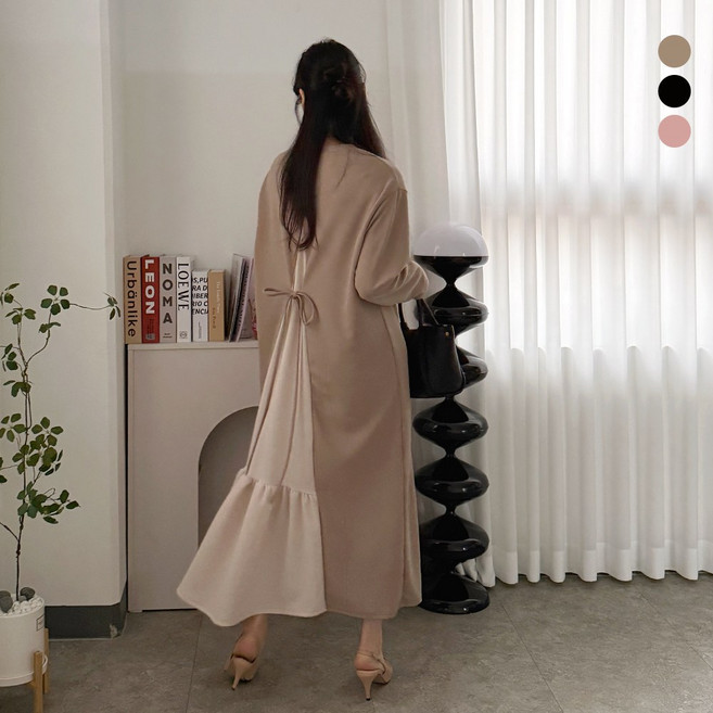 디테일웨어 여성 세모 배색 무지 롱원피스 빅사이즈 임부복 간절기 프릴 긴팔 원피스 구김없는 링클프리 데일리원피스