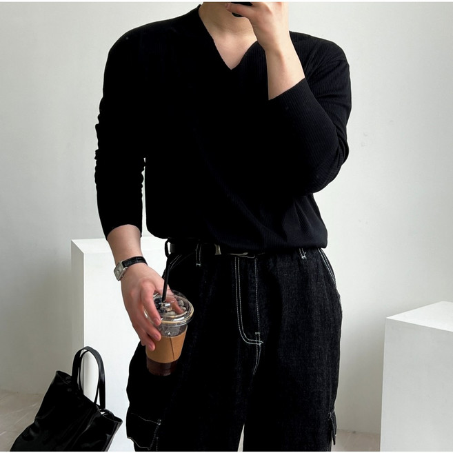 밸류젯 남자 골지 브이넥 머슬핏 긴팔 티셔츠