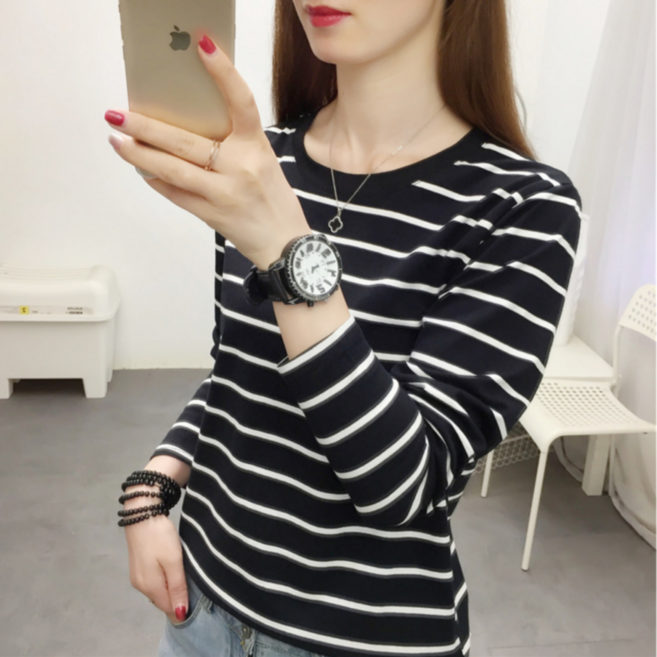 MS HOME 여성 라운드넥 면 티셔츠 스트라이프 긴팔