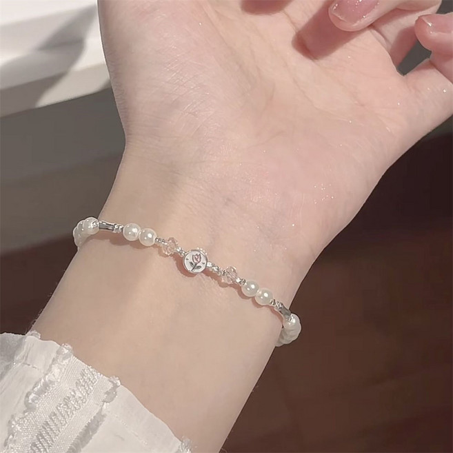 besteffie 여성 우아한 진주 팔찌 플라워 장식 펜던트 액세서리 실버 크리스탈 팔찌 K18
