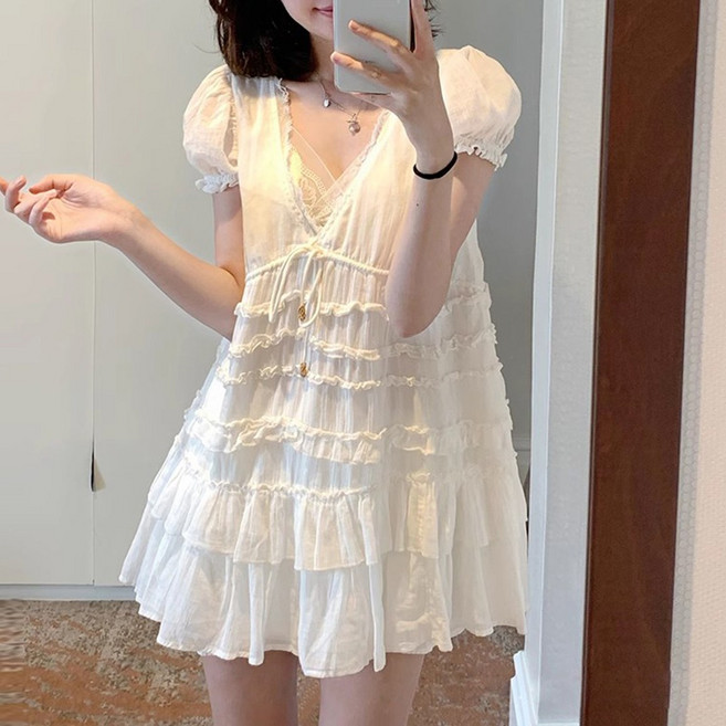 히또리 T5028 물결 브이넥 캉캉 러블리 롱 블라우스 퍼프 반팔 소매