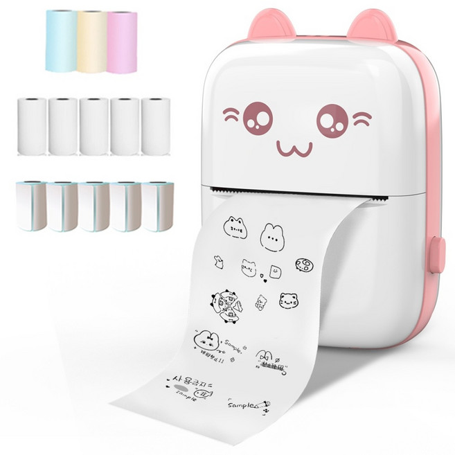 THOUSTA 휴대용 무선 감열식 블루투스 라벨기 네임스티커 라벨프린터 무잉크 출력기 (감열지 포함), 1개, 핑크