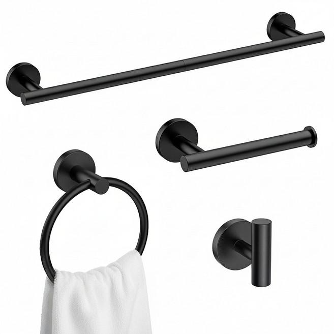 USHOWER 블랙 욕실 액세서리 세트 4종 구성 모던 수건걸이 휴지걸이 타월링 옷걸이 스테인리스 벽걸이형 46cm