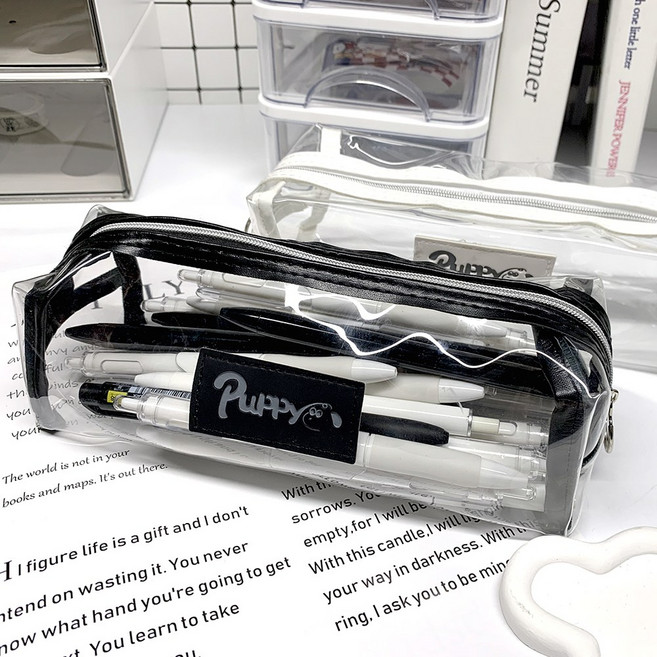 아인스토어 PVC 퍼피 투명 필통 파우치 심플 대용량 문구 방수 다용도 화장품 필기용품, 화이트