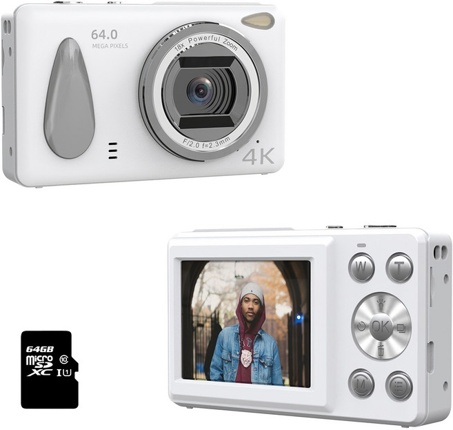 RUN기술 하이엔드 셀카 디지털 카메라 6400W 픽셀 브이로그 손떨림+64GB 메모리, 화이트