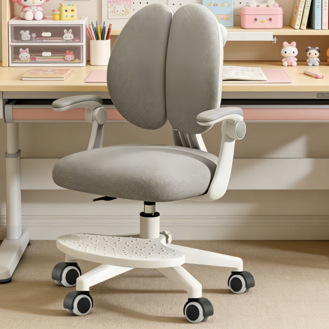 홈잼 인체공학 높이조절 학생 의자 등받이 자세교정 초등학생 중학생 책상의자 발받침 회전의자, 라이트그레이