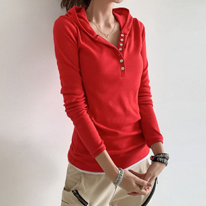 [나크21] (55~88) 여성용 슬림핏 쫀쫀 스판 단추 포인트 데일리 이너 후드 티셔츠 KO11-T-07