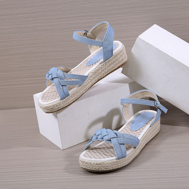 여성 데님샌들 짚 짜임 웨지 린넨 4cm 여름 통굽샌들