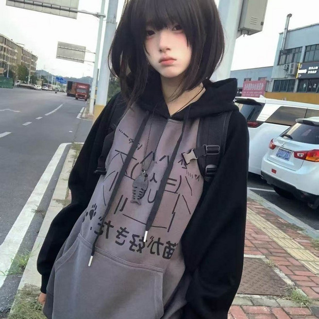 지뢰계옷 고양이 캐릭터 후드티 일본 이모티콘 멘헤라 서브컬쳐