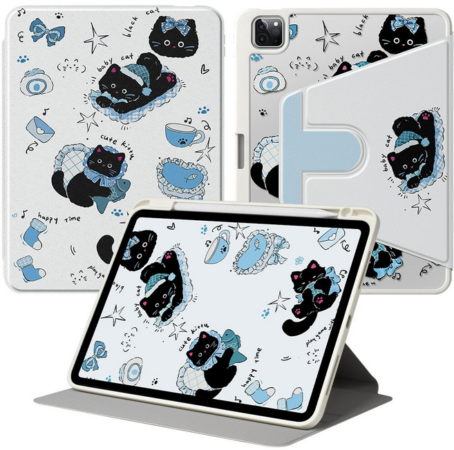 DUNNO 360도 회전 가능 펜슬수납 아크릴 아이패드 케이스, 1개, 6-Graffiti Black Cat