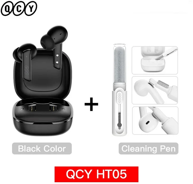 QCY HT05 ANC 무선 TWS Bluetooth 5.2 이어폰 40dB 능동형 소음 제거 헤드셋 6 마이크 ENC HD 통화 버드, 01 China Mainland, 02 Black with CleanPen