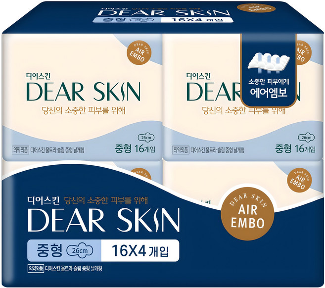 디어스킨 에어엠보 생리대 날개형, 중형, 16개입, 4개