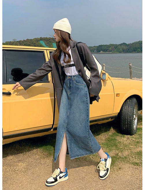 梨卡 女裝 牛仔高腰開叉A字長裙 顯瘦中長裙