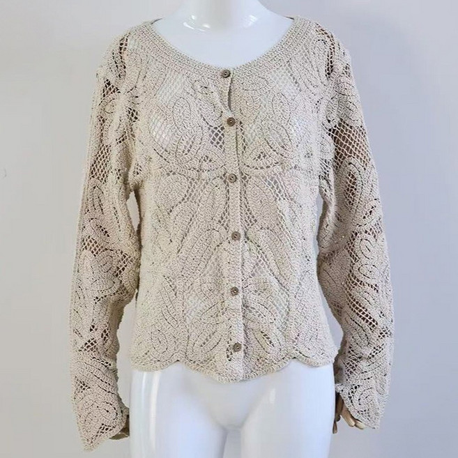 지디오 여성 펀칭 레이스 니트 가디건 뜨개 라운드넥 긴팔 아우터