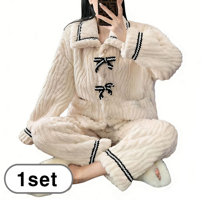 차쿠 여성 수면 잠옷세트 러블리 극세사 수면 잠옷세트 빅사이즈 수면 잠옷세트