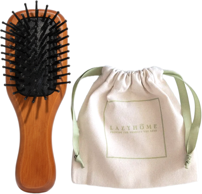 레이지홈 우든 미니 헤어 브러쉬 + 파우치 휴대용 여행용, 1개, 우드