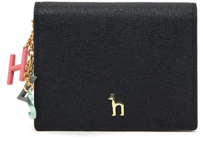 헤지스 블랙 퍼피장식 소가죽 2단 반지갑