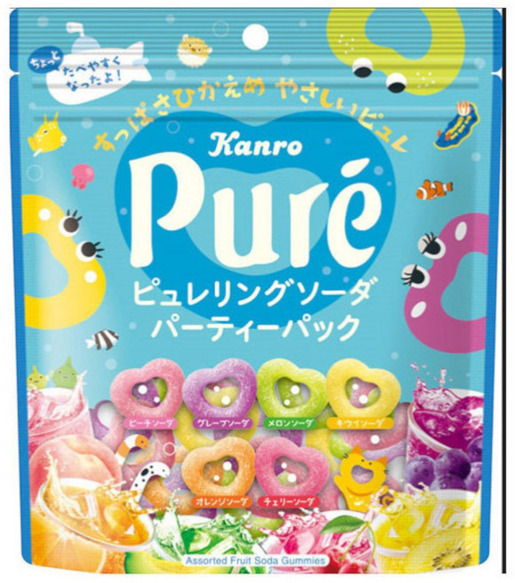 Kanro 甘樂 Pure Ring 蘇打派對包 蜜桃 + 葡萄 + 哈密瓜 + 奇異果 + 柳橙 + 櫻桃口味, 1個, 156g
