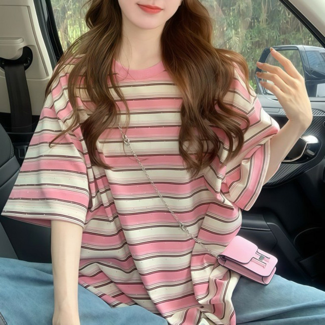 쁘띠꼬모 여성 스트라이프 반팔 티셔츠 오버사이즈 단가라 루즈핏 반팔티 GX552978