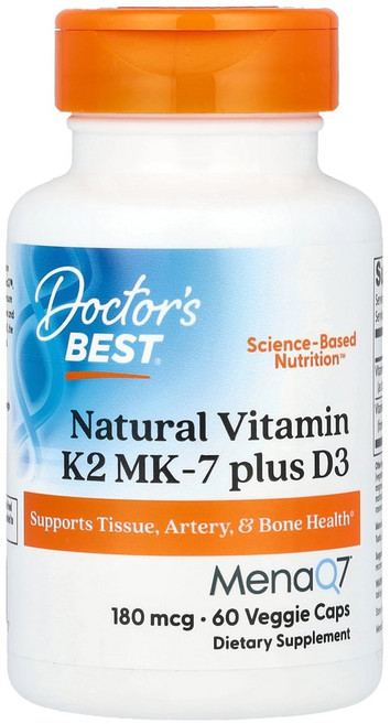 Doctor's Best MenaQ7 및 비타민D3(콜레칼시페롤) 함유 천연 비타민K2 MK-7 180mcg 베지 캡슐 60정, 1개