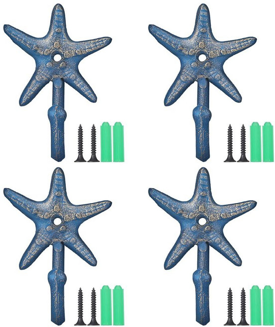 LEIFIDE 4 Set Starfish Cast Iron Hook Nautical Starfish Wall Hanger Blue with Gold Rust Finish Hoo, LEIFIDE 4 Set Starfish Cast Ir