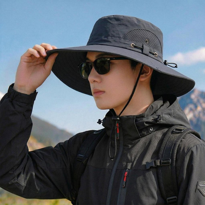 西部牛仔風格登山漁夫帽，寬帽簷，防曬遮陽