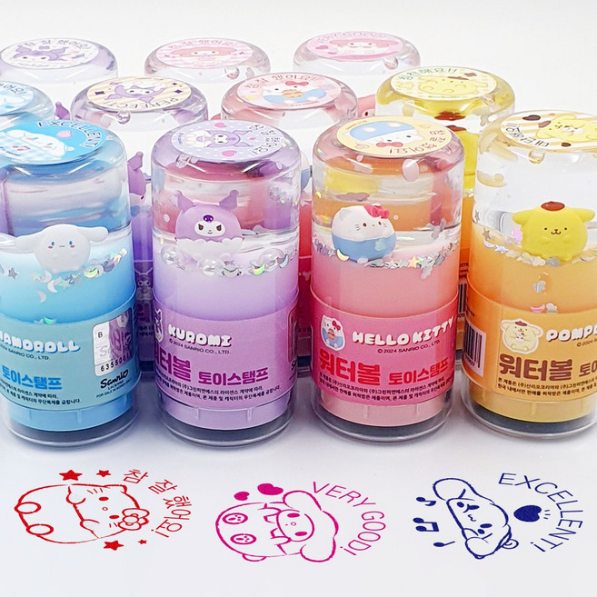 산리오 워터볼 토이스탬프 5종 세트 참잘했어요 캐릭터 칭찬도장 어린이 선물 시나모롤 쿠로미 헬로키티, 5종 세트-캐릭터별 1개씩