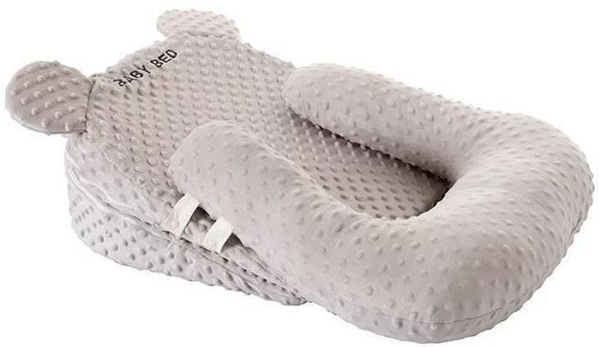 BABY BED 嬰兒定型枕套裝 寶寶防翻身墊 櫻花粉色 新生兒必備, 灰色寶寶5D豆豆絨